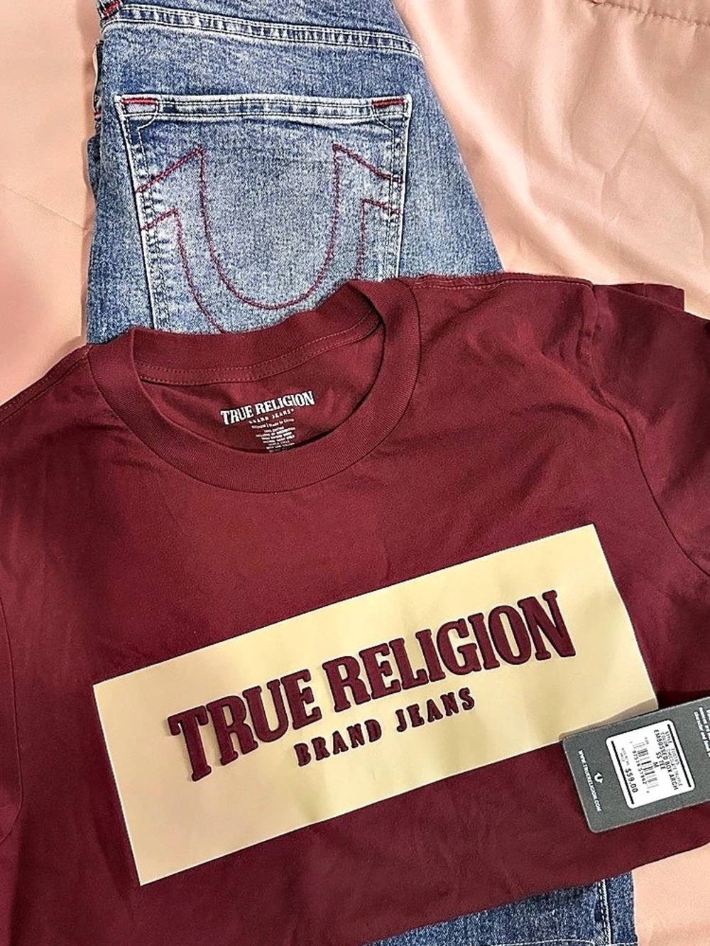 True Religion Brand Jean Shorts Box Logo Tee Graphic T-Shirt Burgundy